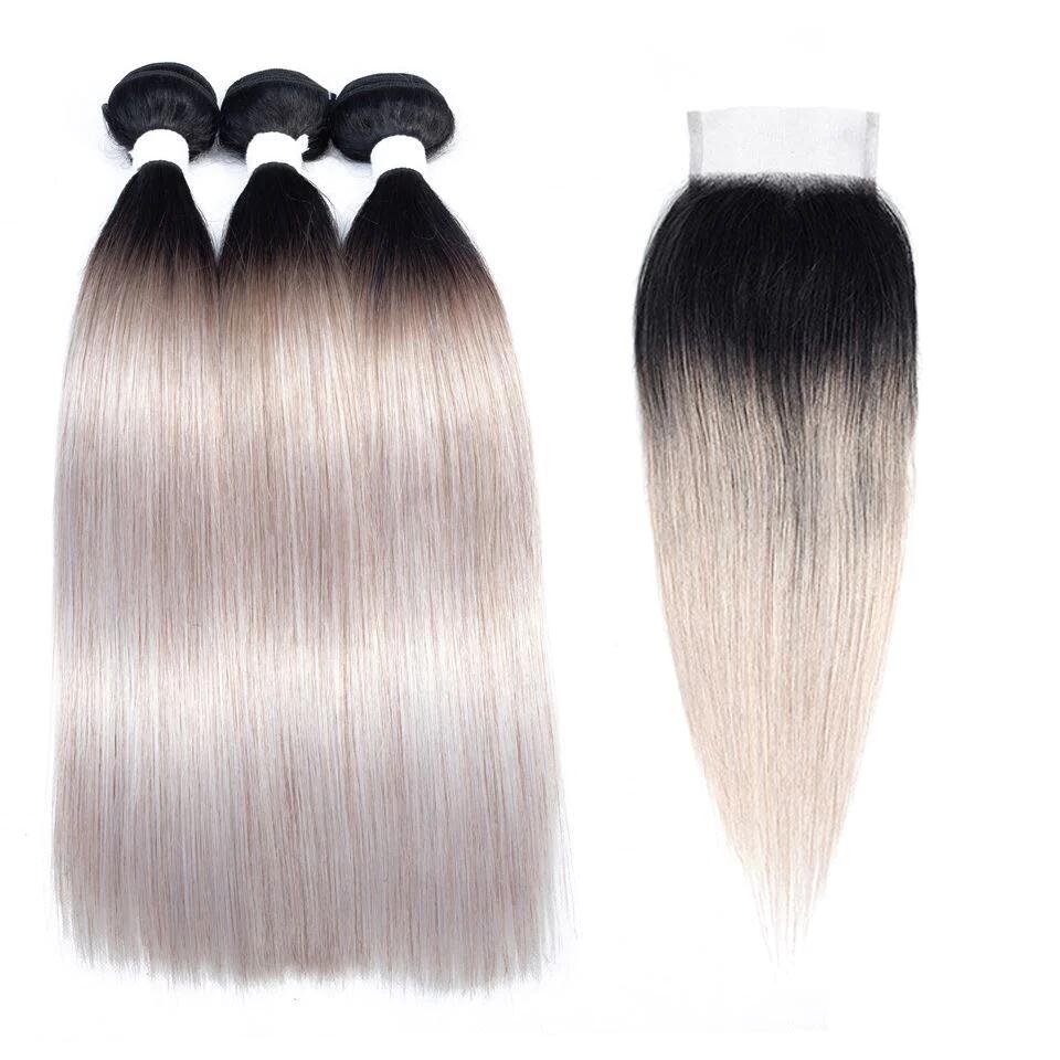 Stema 1B/Grey Straight Virgin Hair Bundles With 4x4 Lace Closure